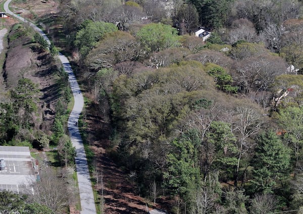 An aerial photo shows dense trees along the Beltline's Southwest Trail on Thursday, March 12, 2026. (Hyosub Shin/AJC)