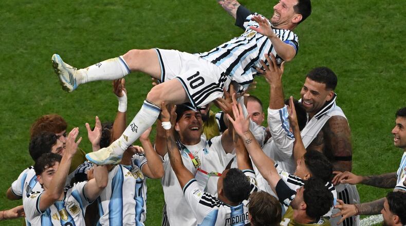 Argentina forward Lionel Messi (10) celebrates with teammates after Argentina beat Egypt during the Argentina vs. Egypt FIFA World Cup game on Tuesday, July 7, 2026, in Atlanta. Argentina won 3-2 over Egypt. (Hyosub Shin/AJC)