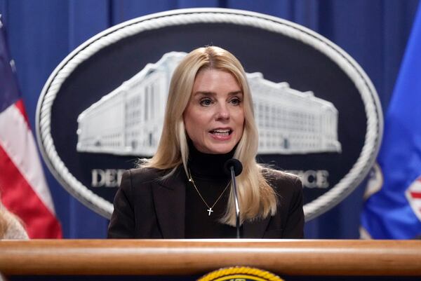 FILE - Attorney General Pam Bondi speaks at a news conference at the Justice Department, Feb. 12, 2025, in Washington. (AP Photo/Ben Curtis, File)