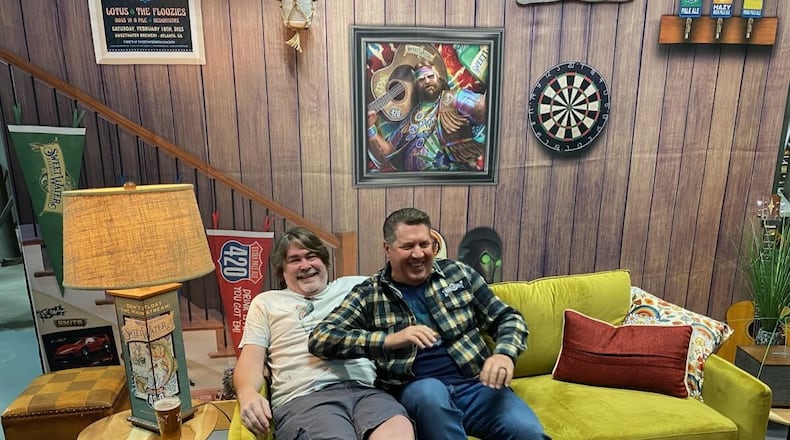 SweetWater brewer Nick Nock (left) and and Tilray Brands president of U.S. Beer Ty Gilmore keep it lively at SweetWater Brewing.
(Bob Townsend for the Atlanta Journal-Constitution)