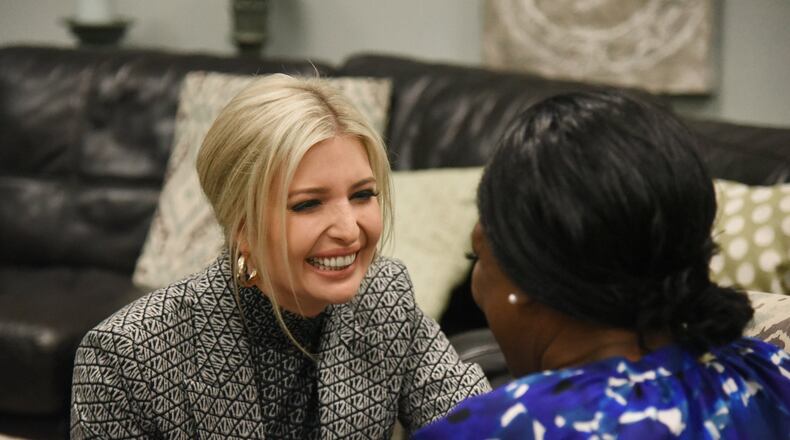 Advisor to the President Ivanka Trump comforts a survivor of human trafficking at a local safe haven in Atlanta on January 14, 2020. Ivanka Trump toured two facilities on Tuesday that help survivors in downtown Atlanta. President Donald Trump has listed fighting human trafficking as a priority, as has the Kemp gubernatorial administration and Ga. First Lady Marty Kemp. (Hyosub Shin / Hyosub.Shin@ajc.com)