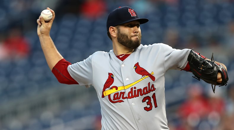 Lance Lynn pitches for the St. Louis Cardinals against the Braves tonight. (Photo by Patrick Smith/Getty Images)