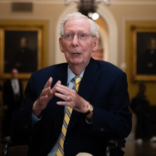 Sen. Mitch McConnell, R-Ky., speaks to reporters at the U.S. Capitol, Monday, Sept. 14, 2026, in Washington. (AP Photo/Allison Robbert)