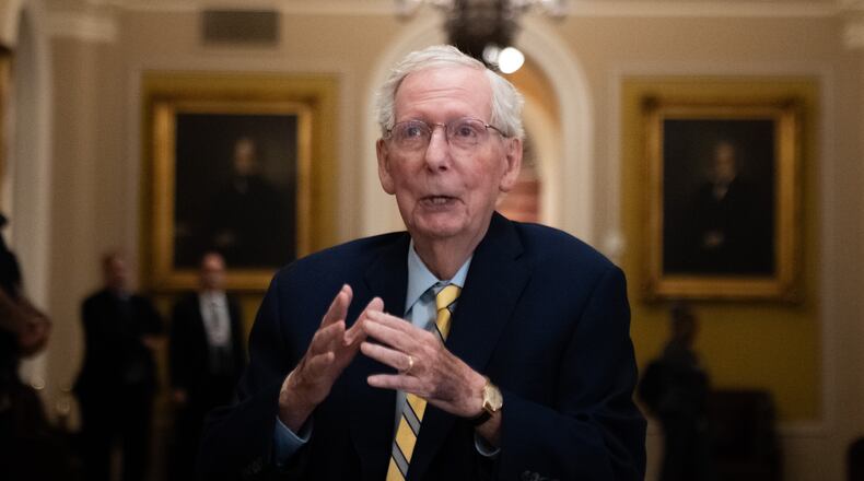Sen. Mitch McConnell, R-Ky., speaks to reporters at the U.S. Capitol, Monday, Sept. 14, 2026, in Washington. (AP Photo/Allison Robbert)