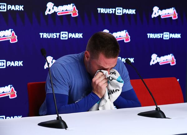 Former Atlanta Braves first baseman Freddie Freeman becomes extremely emotional fighting back tears during his pregame press conference returning to Atlanta with the Los Angles Dodgers for a MLB baseball game on Friday, June 24, 2022, in Atlanta. “Curtis Compton / Curtis.Compton@ajc.com”