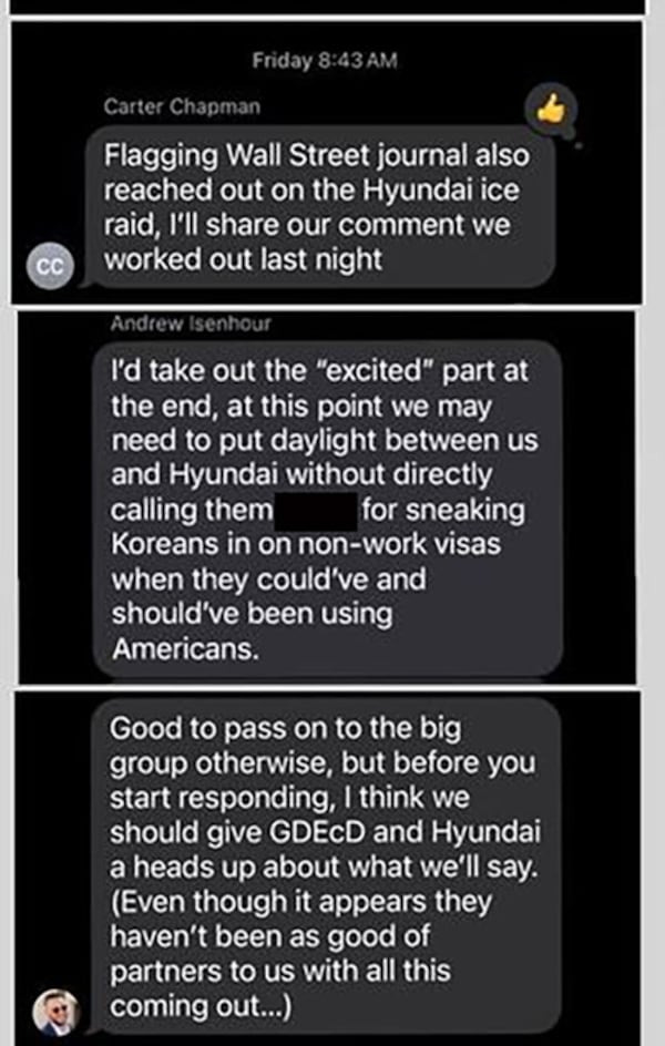 Carter Chapman and Andrew Isenhour, two members of Gov. Brian Kemp's communications team, discuss the governor's response to the Hyundai plant raid in this text excerpt.