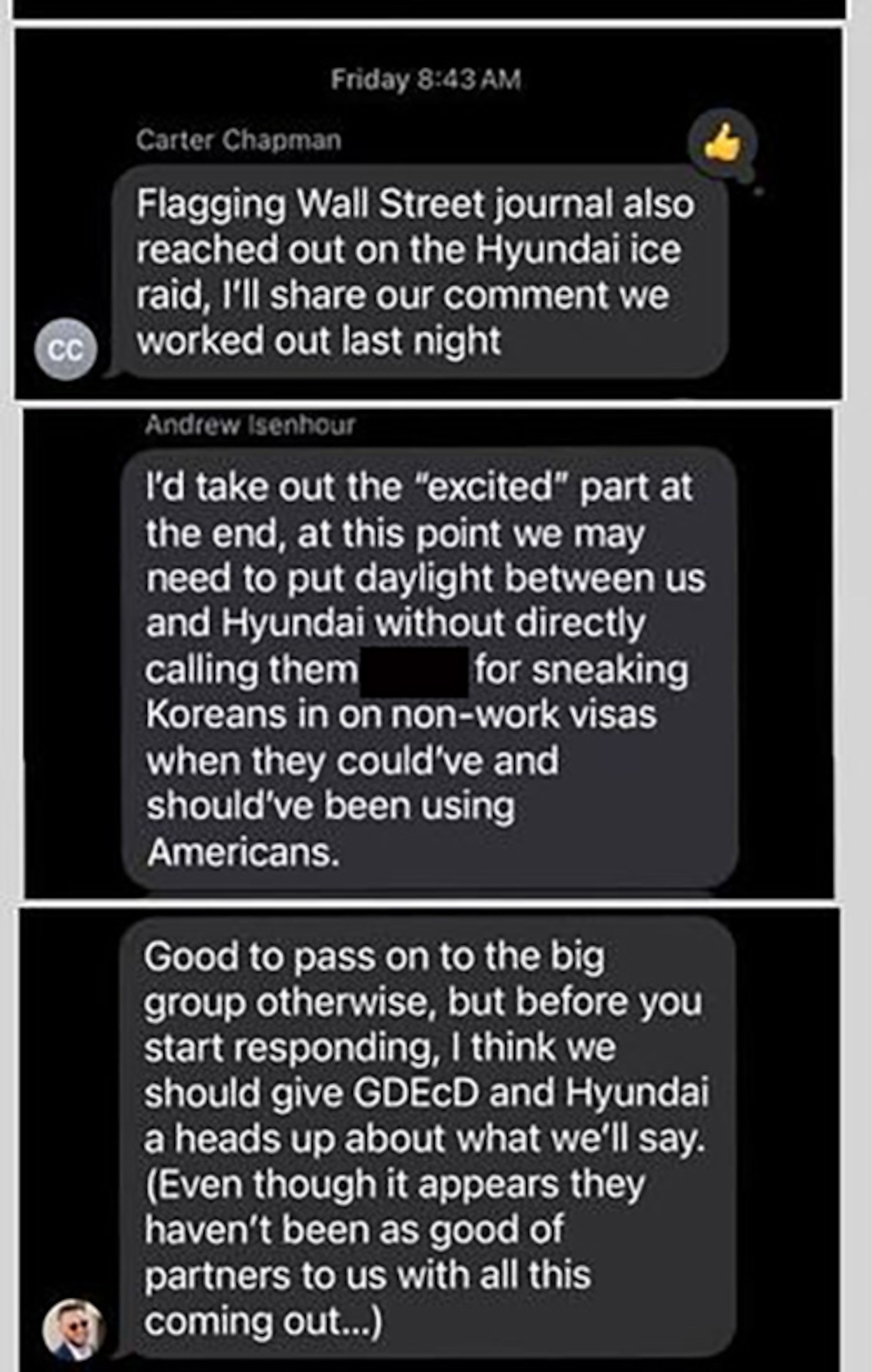 Carter Chapman and Andrew Isenhour, two members of Gov. Brian Kemp's communications team, discuss the governor's response to the Hyundai plant raid in this text excerpt.