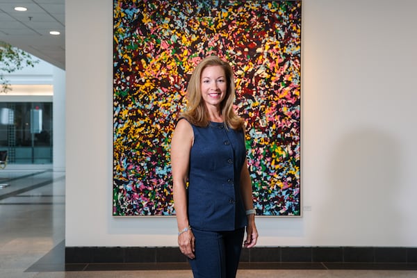 Katie Saez, regional president at Truist, at the Truist Plaza Garden Offices Atrium in Atlanta on June 10, 2026. (Arvin Temkar/AJC)