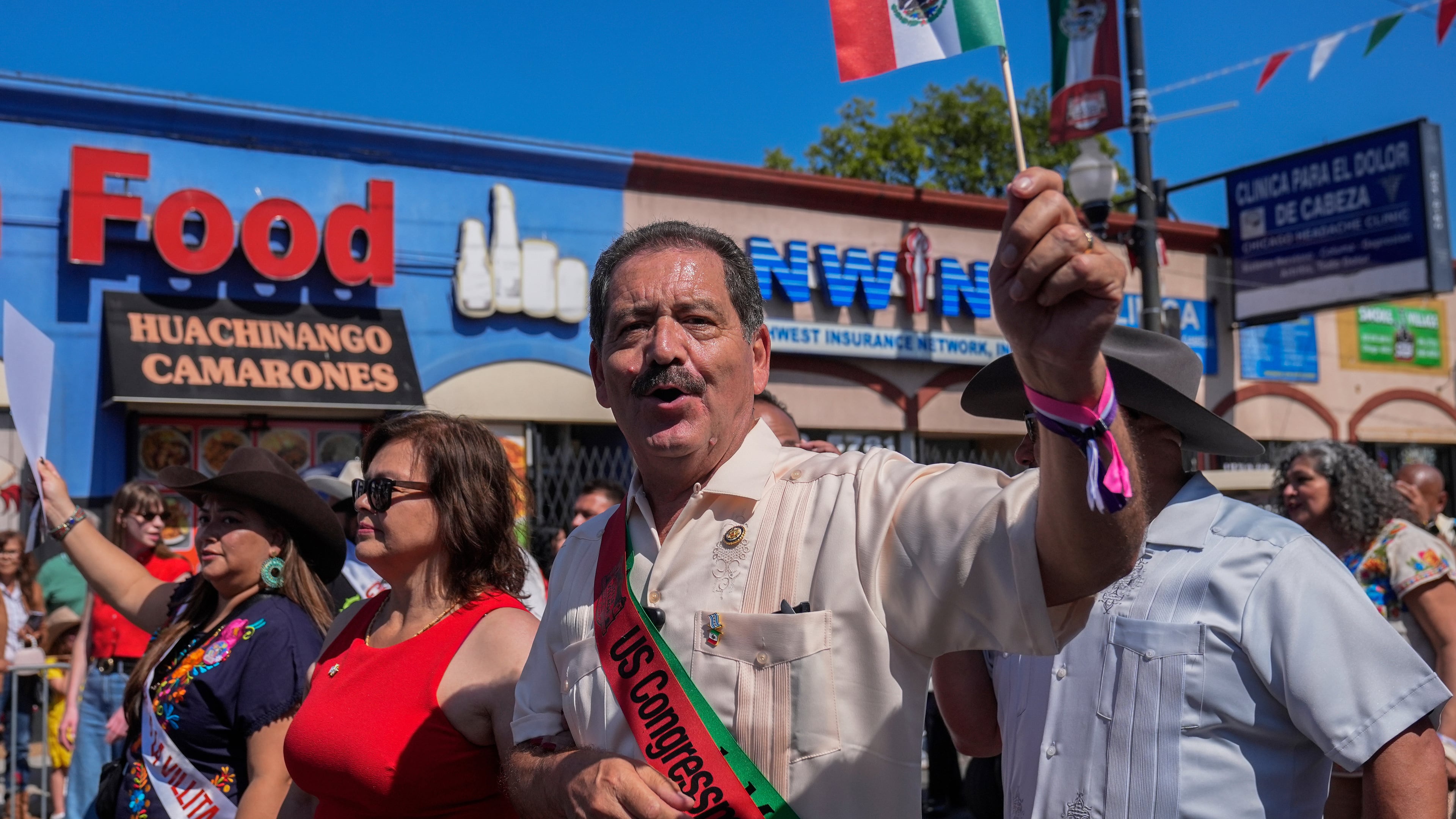 FILE - U.S. Rep. Jesús "Chuy" García marches in the Mexican Independence Day Parade, Sept. 14, 2025, in the Little Village neighborhood of Chicago. (AP Photo/Erin Hooley, File)