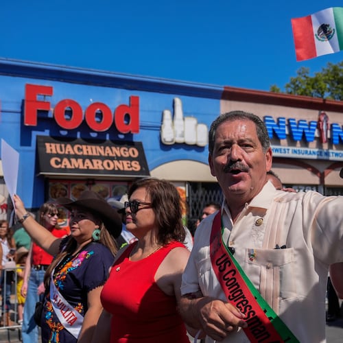 FILE - U.S. Rep. Jesús "Chuy" García marches in the Mexican Independence Day Parade, Sept. 14, 2025, in the Little Village neighborhood of Chicago. (AP Photo/Erin Hooley, File)