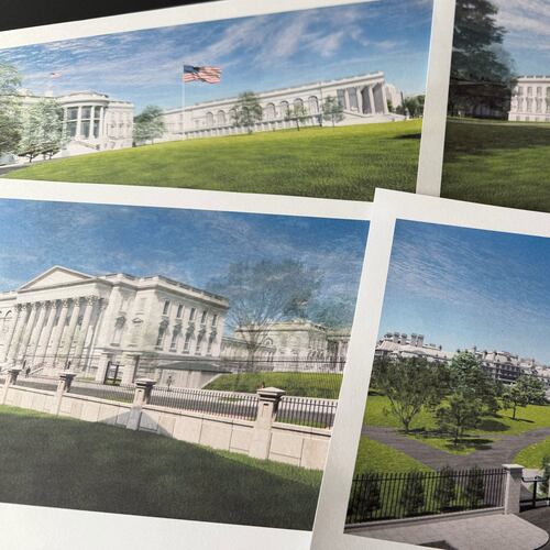 Artist renderings of the new White House East Wing and Ballroom are photographed Tuesday, March 31, 2026. (AP Photo/Jon Elswick)