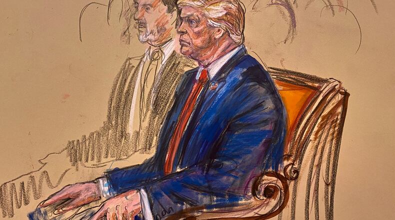 This courtroom sketch depicts President Donald Trump seated in the U.S. Supreme Court gallery, Wednesday, April 1, 2026, in Washington. (Dana Verkouteren via AP)