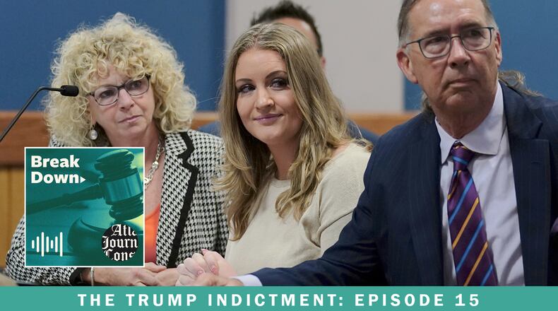 In the latest episode of "Breakdown," Frank Hogue, at right, gives a behind-the-scenes look at how the plea deal for Jenna Ellis, center, was worked out with the Fulton County prosecutors. Ellis pleaded guilty to reduced charges in the Georgia election interference case last week. (John Bazemore / Pool)