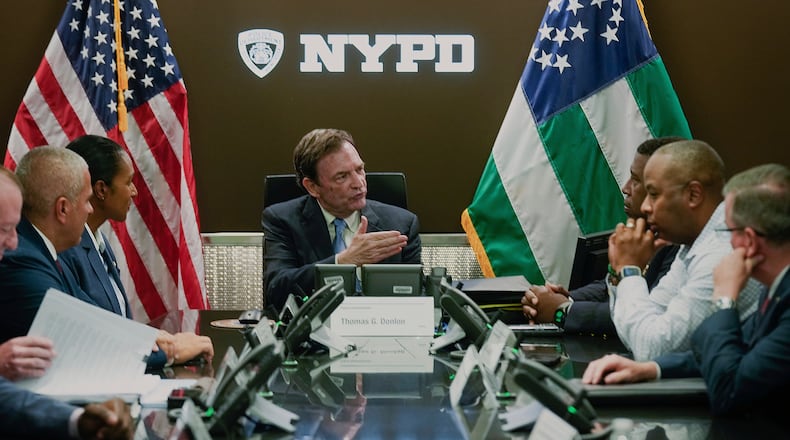 FILE - This image provided by Office of the New York Mayor shows Thomas Donlon, center, as New York City's interim police commissioner, Sept. 13, 2024. (Michael Appleton/Mayoral Photography Office via AP, File)