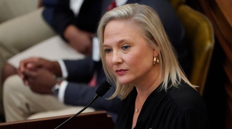 FILE - Mississippi State Rep. Celeste Hurst, R-Sandhill, listens to a colleague's questions during her bill presentation in the House chamber, Thursday, Feb. 8, 2024, at the Capitol in Jackson, Miss. (AP Photo/Rogelio V. Solis, file)