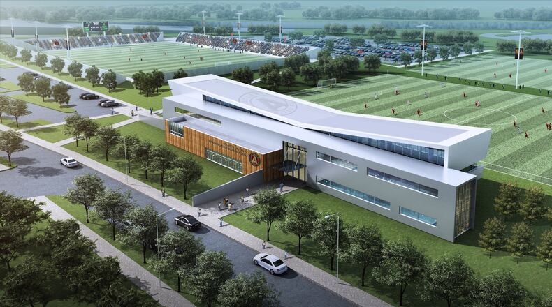 Atlanta United FC proposed construction of a 3,500-seat stadium, several practice soccer fields and a two-story corporate headquarters on 41 acres of government land near Memorial Drive and I-285. The team decided to locate its soccer complex in Marietta after discovering issues with the DeKalb site. Credit: Atlanta United FC