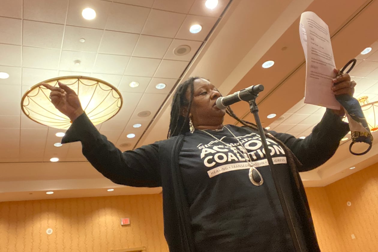 Meymoona Freeman, a leader of the Stone Mountain Action Coalition, speaks during a Monday afternoon meeting of the Stone Mountain Memorial Association board of directors.