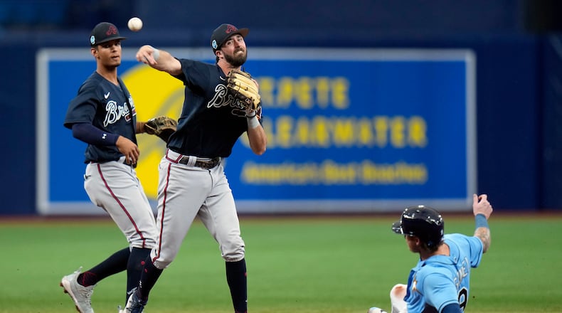 Braves infielder Braden Shewmake (center) continues to impress during spring training. (AP Photo/Chris O'Meara)