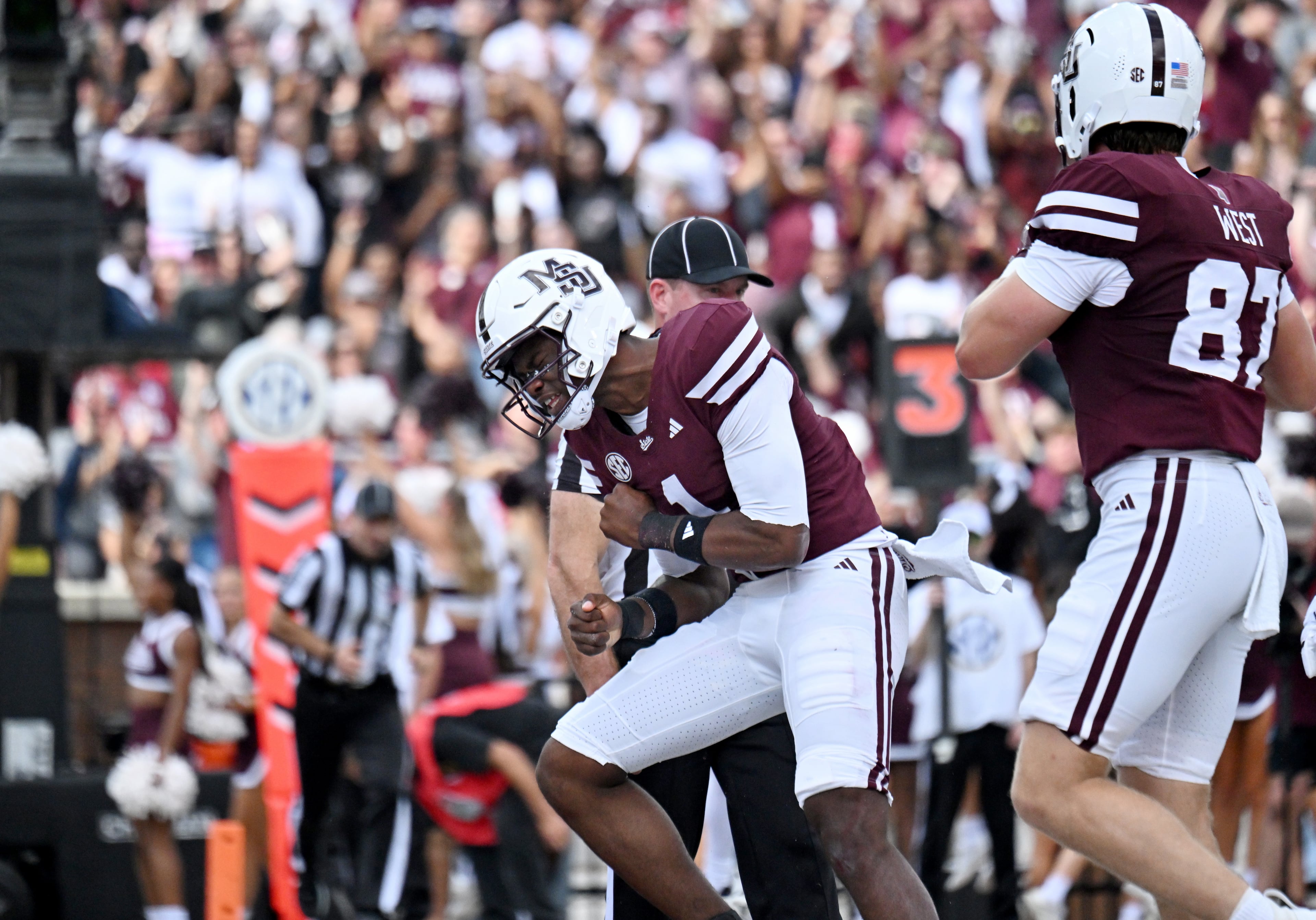 Mississippi State quarterback Kamario Taylor (1) reacts after scoring a touchdown during the first half in an NCAA football game at Davis Wade Stadium, Saturday, November 8, 2025, in Starkville, Mississippi. (Hyosub Shin / AJC)