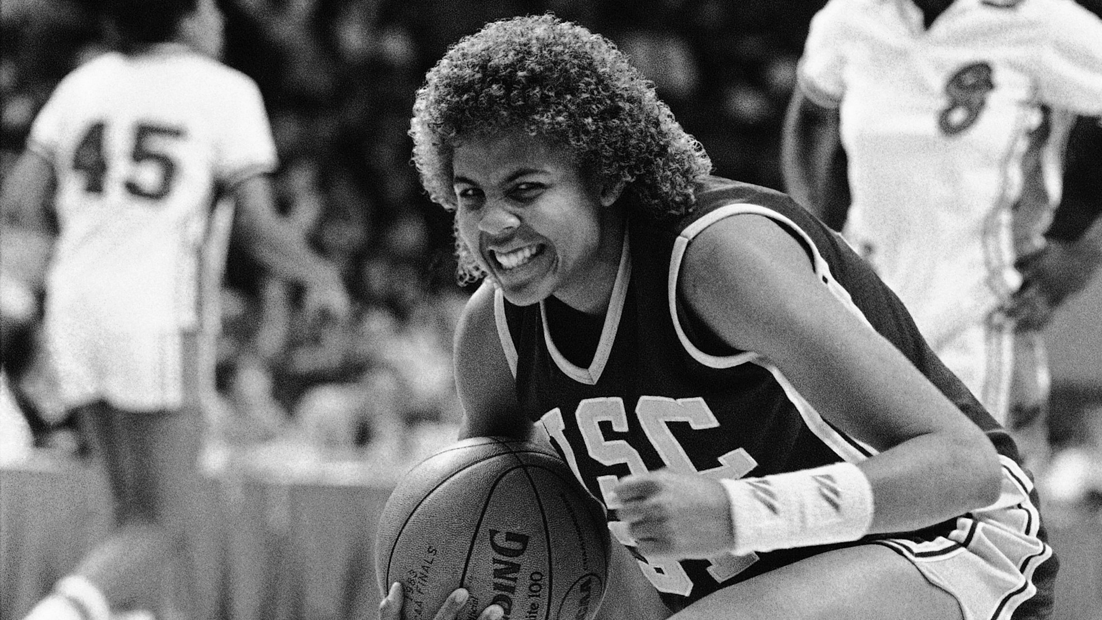 FILE - Southern California's Cheryl Miller reacts to a successful steal against the Georgia during the second half in the national semifinals of the NCAA women's college basketball tournament, Friday, April 2, 1983 in Norfolk, Va. (AP Photo/Bob Bryant, File)