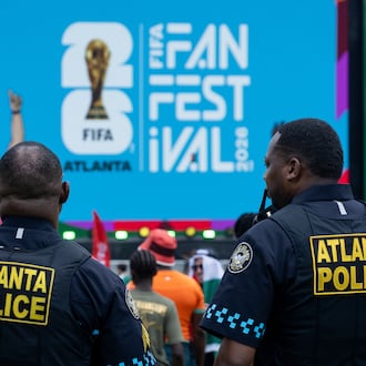 Atlanta Police officers work the opening day of the FIFA Fan Festival at Centennial Olympic Park on Thursday, June 11, 2026. (Ben Hendren for the AJC)