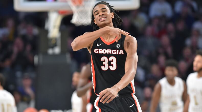 Georgia forward Nicolas Claxton (33) reacts in the first half at Georgia Tech's McCamish Pavilion Saturday, Dec. 22, 2018. Georgia won 70-59 over the Georgia Tech