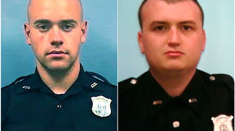 Atlanta officers Garrett Rolfe (left) and Devin Brosnan filed a lawsuit Friday night alleging their civil rights were violated when they were charged in Rayshard Brooks' killing.