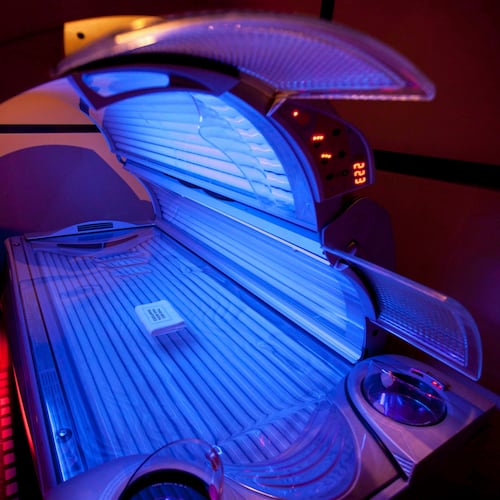 FILE - A tanning bed is seen on March, 20, 2012, in North Vancouver, Canada. (Jonathan Hayward/The Canadian Press via AP)