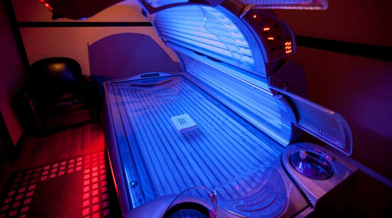 FILE - A tanning bed is seen on March, 20, 2012, in North Vancouver, Canada. (Jonathan Hayward/The Canadian Press via AP)