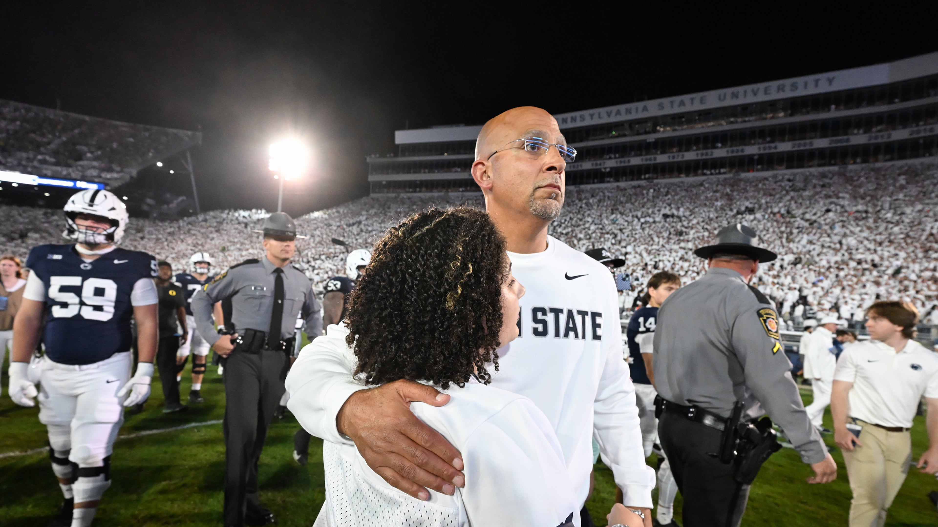 Penn State head coach James Franklin reacts after losing to Oregon in the second overtime of their NCAA college football game, Saturday, Sept. 27, 2025, in State College, Pa. (AP Photo/Barry Reeger)