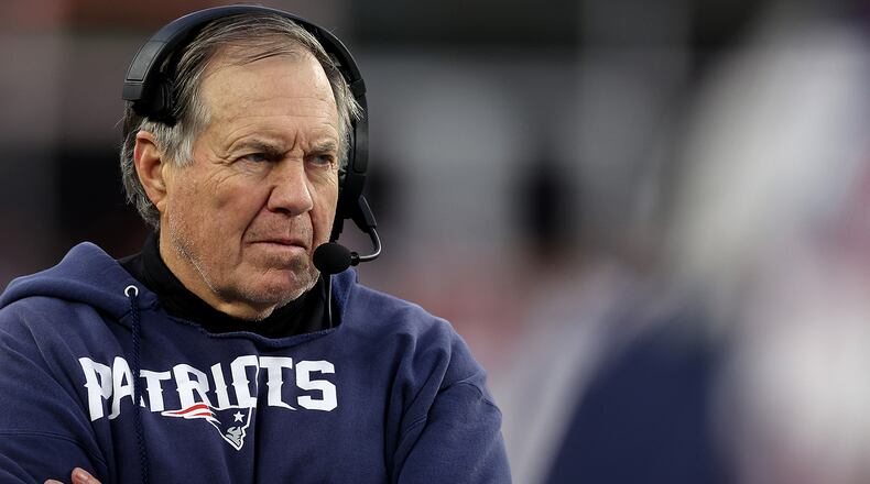 New England Patriots coach Bill Belichick looks on from the sideline during the game against the Kansas City Chiefs at Gillette Stadium on Dec. 17, 2023, in Foxborough, Massachusetts. (Maddie Meyer/Getty Images/TNS)