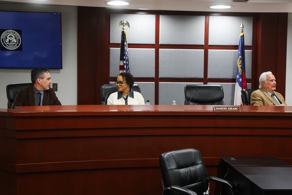 PSC Commissioners Peter Hubbard, Alicia Johnson (Democrats) and Lauren "Bubba" McDonald (Republican) are shown in the commission's hearing room on Jan. 6, 2026. Republicans still hold a 3-to-2 majority on the PSC, but the Wednesday vote was the first major test of the two Democrats’ persuasive powers with their GOP colleagues. (Abbey Cutrer/AJC)