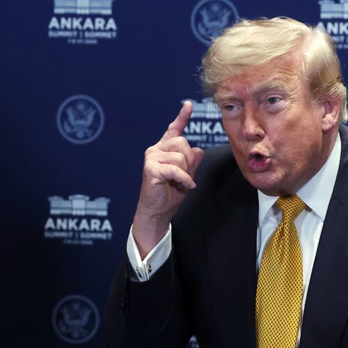 President Donald Trump speaks during a meeting with NATO Secretary General Mark Rutte at the NATO summit in Ankara, Turkey, Wednesday, July 8, 2026. (Filip Singer, Pool Photo via AP)