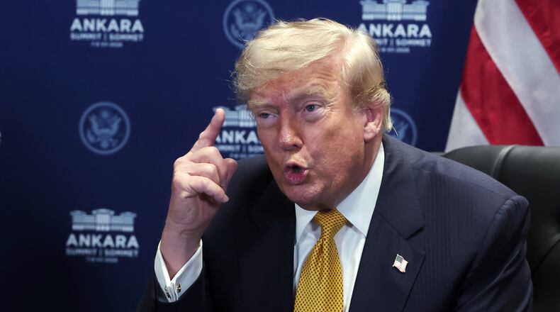 President Donald Trump speaks during a meeting with NATO Secretary General Mark Rutte at the NATO summit in Ankara, Turkey, Wednesday, July 8, 2026. (Filip Singer, Pool Photo via AP)