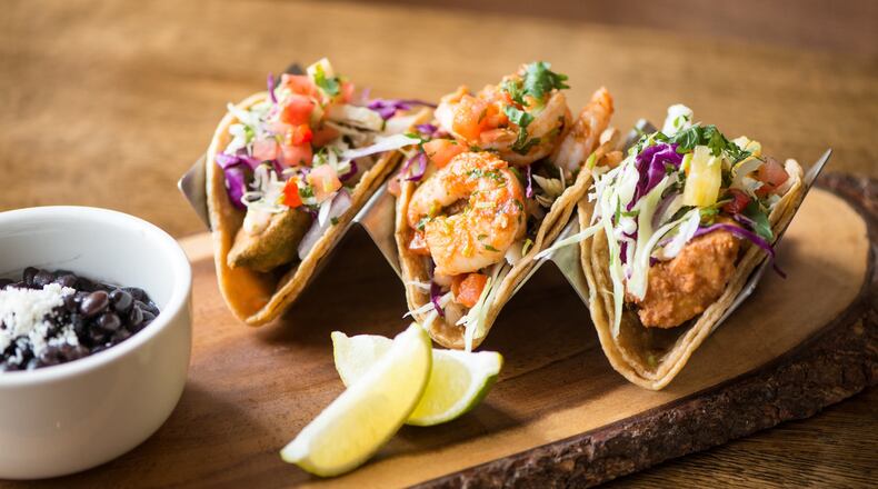 Patria Cocina Taco Trio with Avocado Taco, Fried Fish Taco, and Shrimp Taco. Photo credit Mia Yakel.