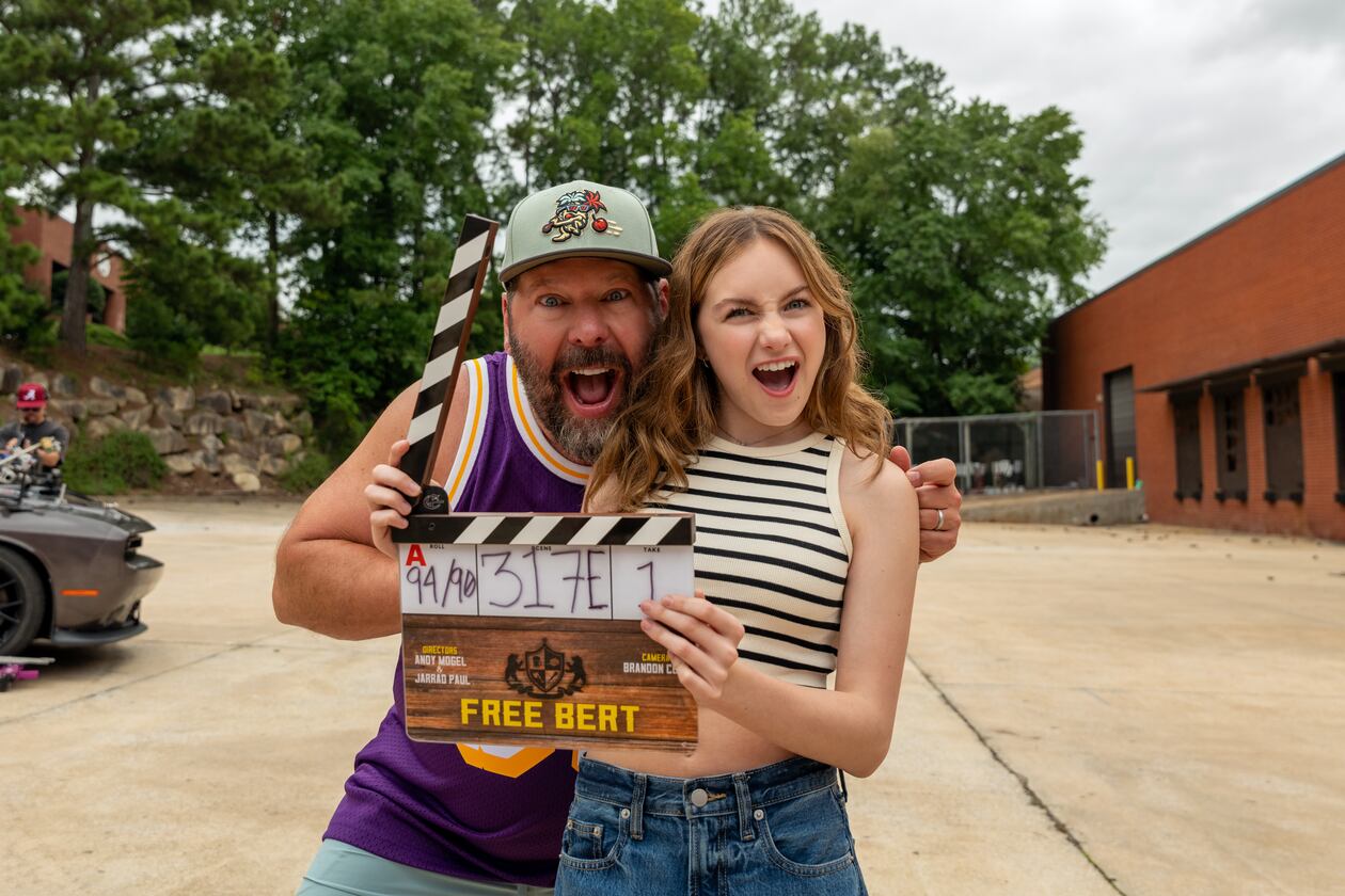 Bert Kreischer goofing around with actress Ava Ryan during a break on the set of Netflix's "Free Bert." (Tom Griscom/Copyright Netflix 2026)