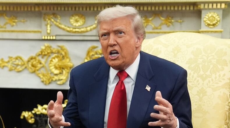 President Donald Trump speaks as he meets Saudi Arabia's Crown Prince Mohammed bin Salman in the Oval Office of the White House, Tuesday, Nov. 18, 2025, in Washington. (AP Photo/Evan Vucci)