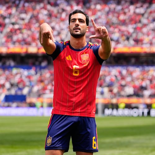 Spain's Mikel Merino (6) celebrates scoring their second goal during the World Cup quarterfinal soccer match between Spain and Belgium in Inglewood, Calif., near Los Angeles, Friday, July 10, 2026. (AP Photo/Mark J. Terrill)
