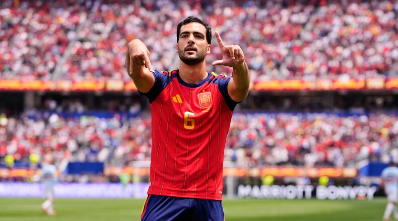 Spain's Mikel Merino (6) celebrates scoring their second goal during the World Cup quarterfinal soccer match between Spain and Belgium in Inglewood, Calif., near Los Angeles, Friday, July 10, 2026. (AP Photo/Mark J. Terrill)