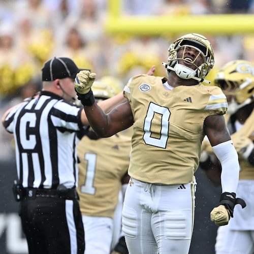 Georgia Tech linebacker Melvin Jordan IV, shown celebrating after sacking Gardner-Webb quarterback Nate Hampton on Saturday, Sept. 6, 2025, played this season with the Yellow Jackets after playing three seasons at Oregon State. (Hyosub Shin/AJC)