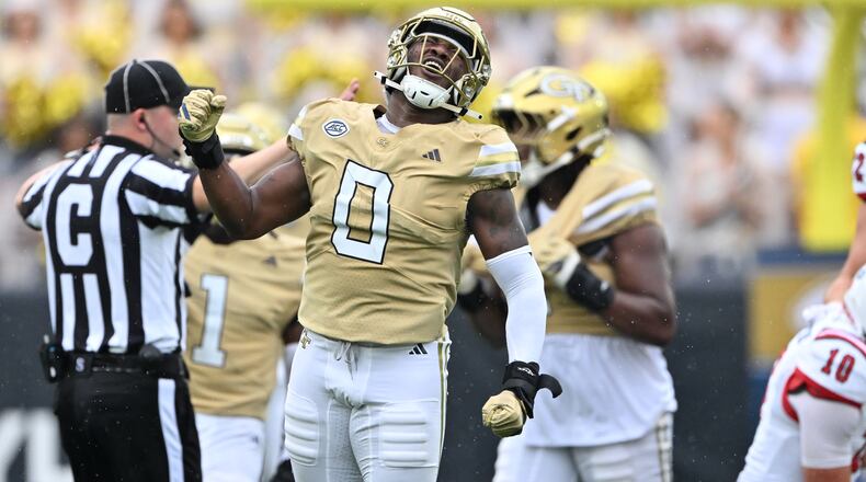 Georgia Tech linebacker Melvin Jordan IV, shown celebrating after sacking Gardner-Webb quarterback Nate Hampton on Saturday, Sept. 6, 2025, played this season with the Yellow Jackets after playing three seasons at Oregon State. (Hyosub Shin/AJC)