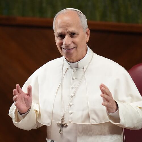 Pope Leo XIV gestures as he arrives at the Pontifical Lateran University on the occasion of the opening of the academic year, in Rome, Friday, Nov. 14, 2025. (AP Photo/Alessandra Tarantino)