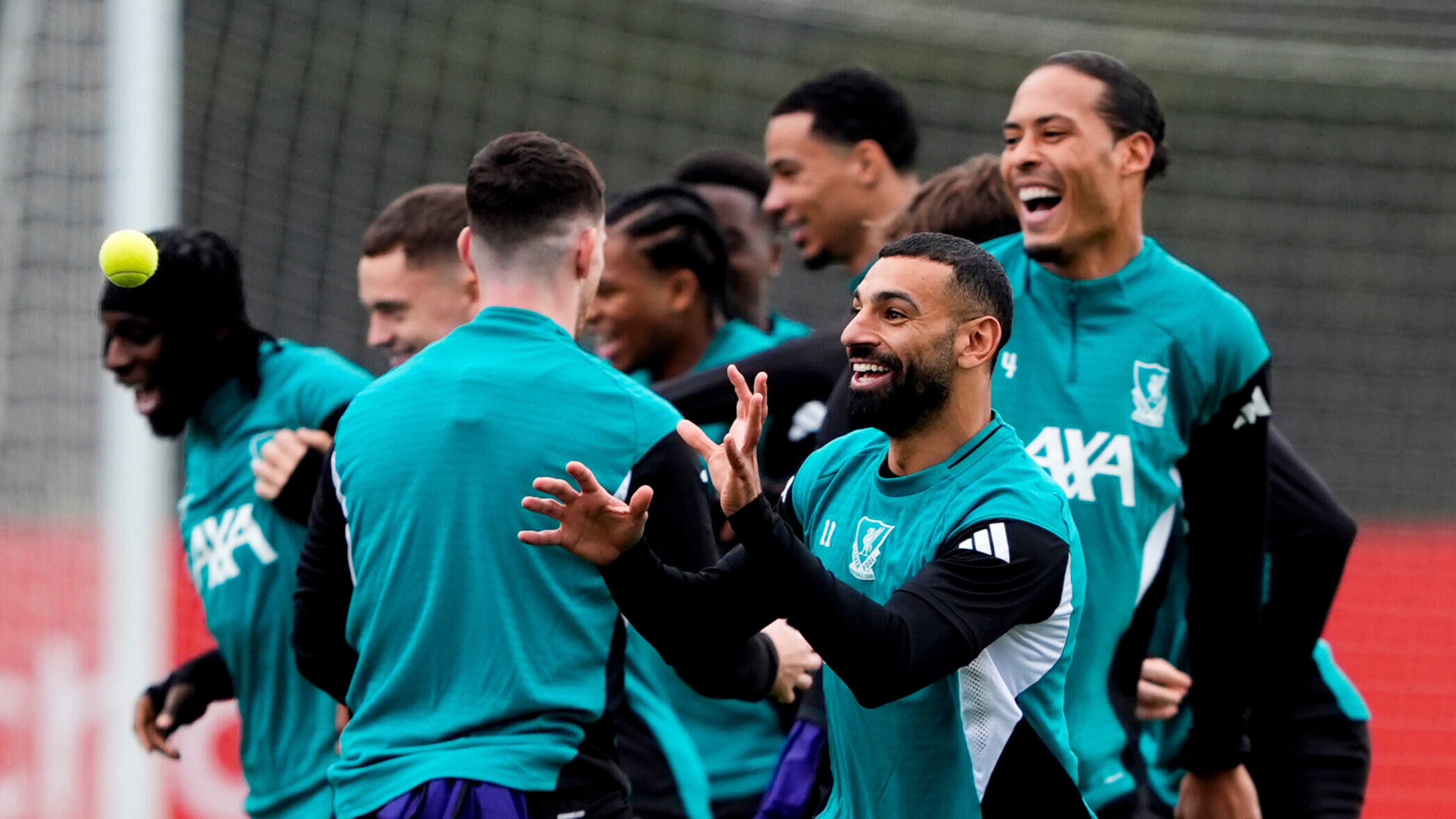 Liverpool's Mohamed Salah during a training session in Liverpool, England, Tuesday, Oct. 21, 2025. (Peter Byrne/PA via AP)