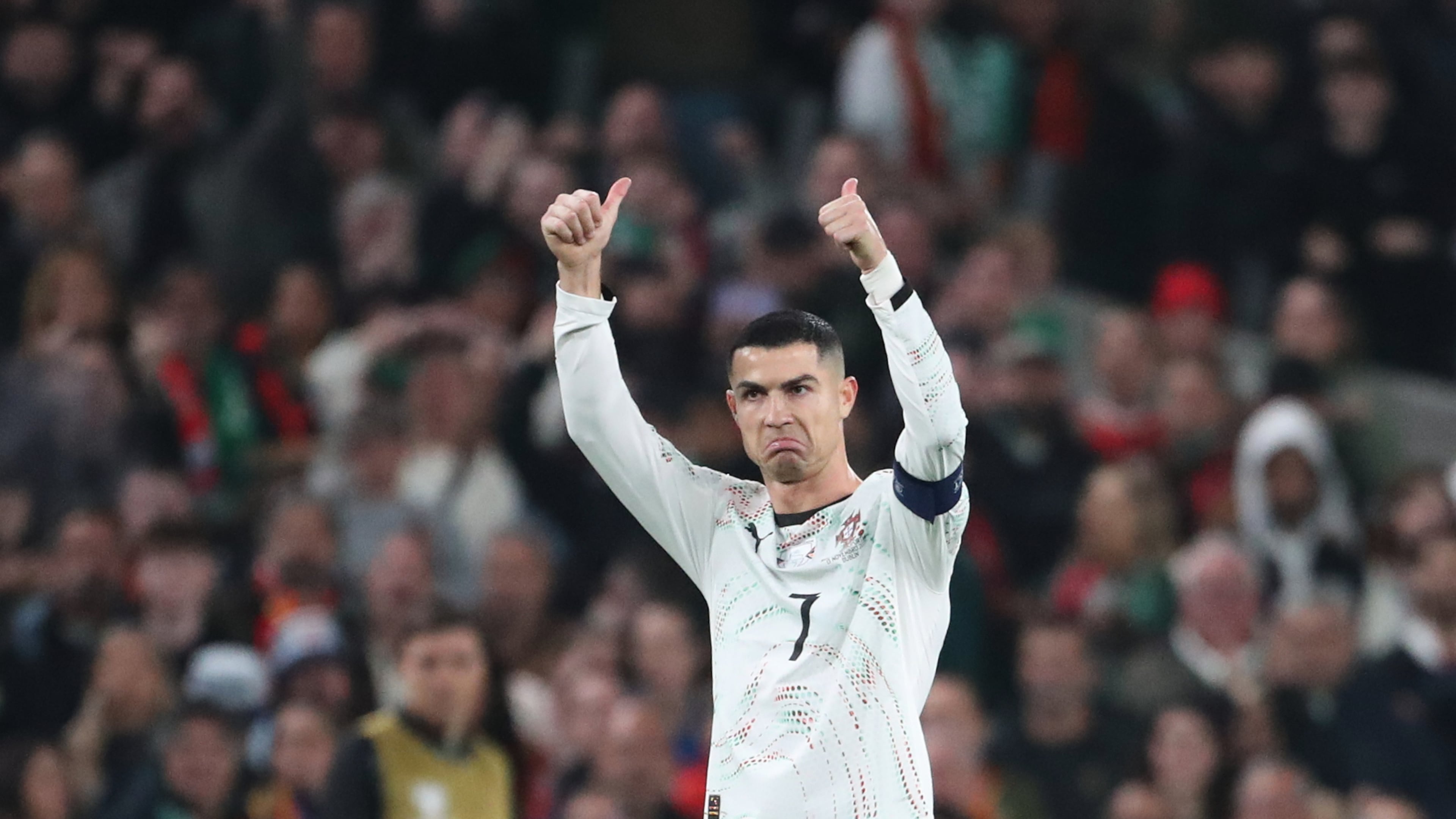 Portugal's Cristiano Ronaldo leaves the pitch after being shown a red card during a World Cup 2026 group F qualifying soccer match between Ireland and Portugal in Dublin, Thursday, Nov. 13, 2025. (AP Photo/Peter Morrison)