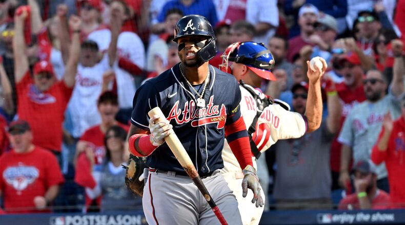 Braves right fielder Ronald Acuna (13) strikes out against the Philadelphia Phillies during Game 4 of the National League Division Series at Citizens Bank Park in Philadelphia on Saturday, October 15, 2022. (Hyosub Shin / Hyosub.Shin@ajc.com)