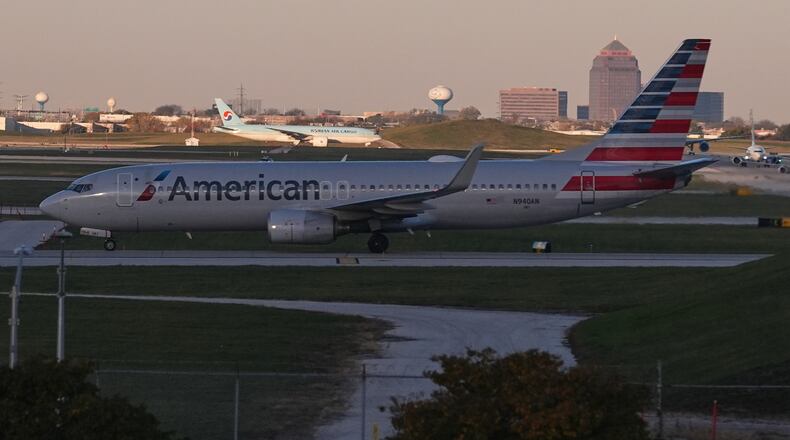 An American Airline plane is moving to a terminal at O'Hare International Airport in Chicago, Monday, Nov. 3, 2025. (AP Photo/Nam Y. Huh)