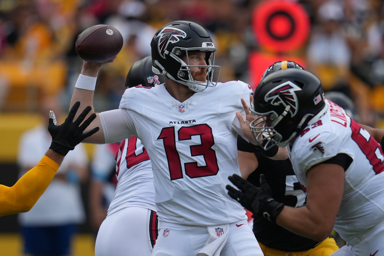 Atlanta Falcons quarterback Cooper Rush looks to pass during an NFL football game against the Pittsburgh Steelers, Sunday, Sept. 13, 2026, in Pittsburgh. (Gene J. Puskar/AP)