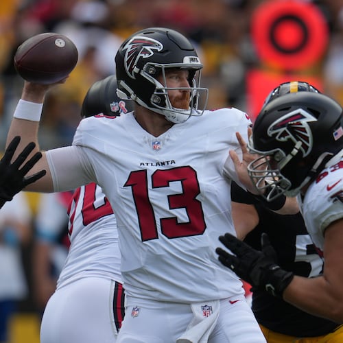 Atlanta Falcons quarterback Cooper Rush looks to pass during an NFL football game against the Pittsburgh Steelers, Sunday, Sept. 13, 2026, in Pittsburgh. (Gene J. Puskar/AP)