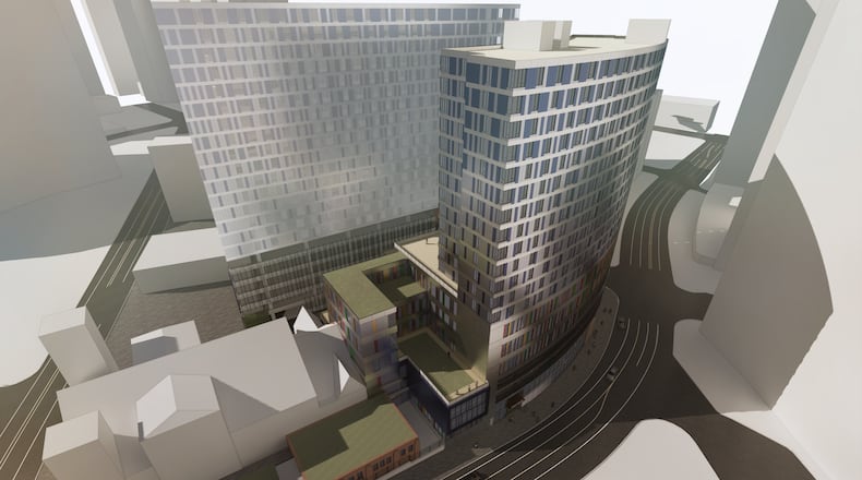 This is an aerial rendering of first phase of a mixed-use development on the downtown Atlanta campus of Atlanta First United Methodist Church.