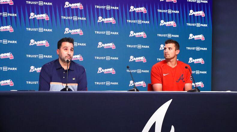 Braves GM Alex Anthopoulos (left) speaks at a press conference discussing a new contract for third baseman Austin Riley. “Curtis Compton / Curtis Compton@ajc.com